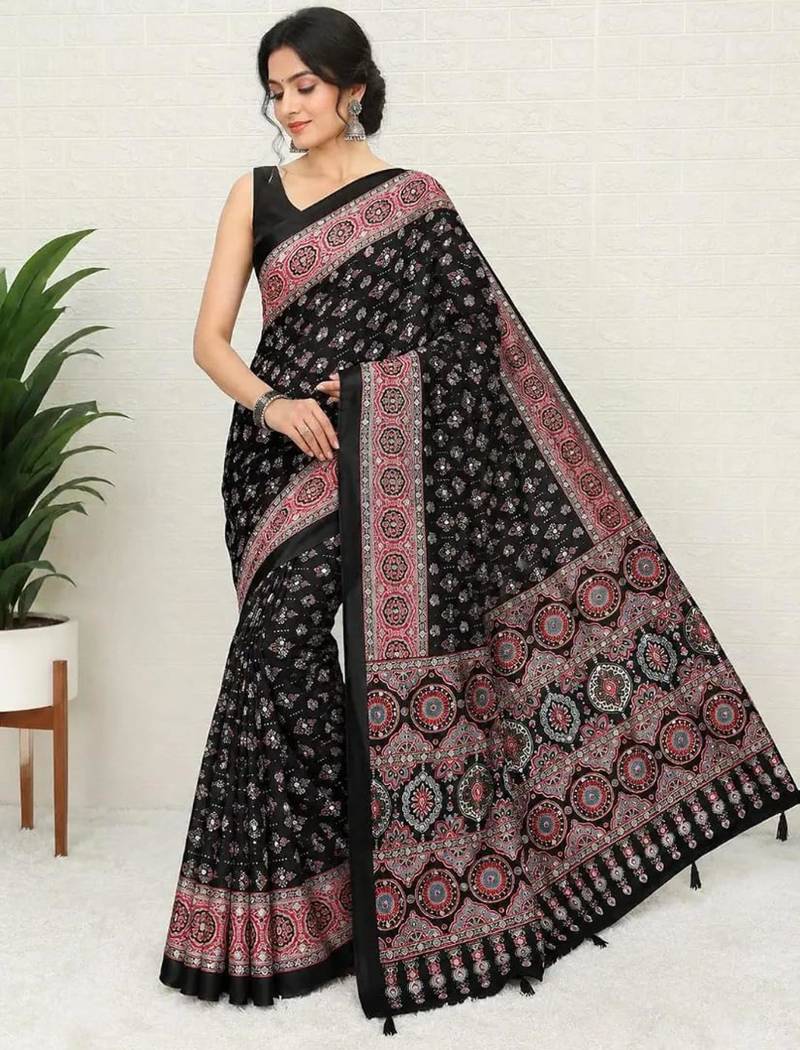 Black crepe mirror work printed saree
