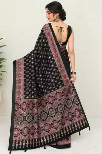 Black crepe mirror work printed saree
