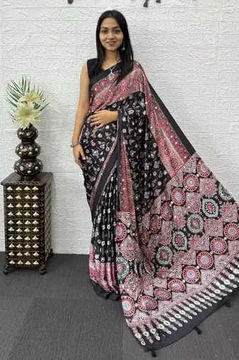 Black crepe mirror work printed saree