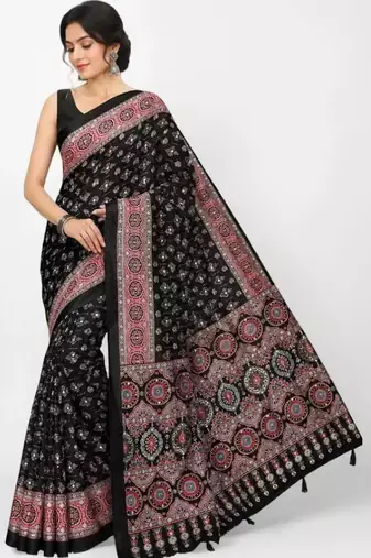 Black crepe mirror work printed saree