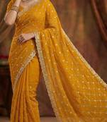 Mustard silk blend sequins work embroidered saree