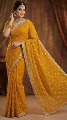 Mustard silk blend sequins work embroidered saree 2