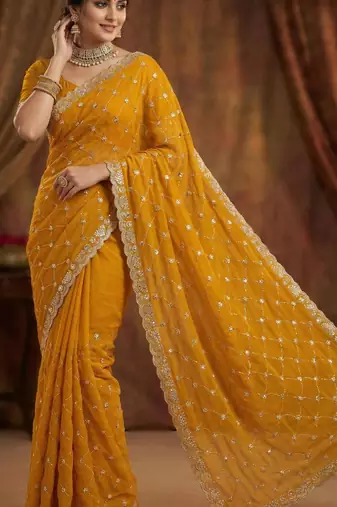 Mustard silk blend sequins work embroidered saree