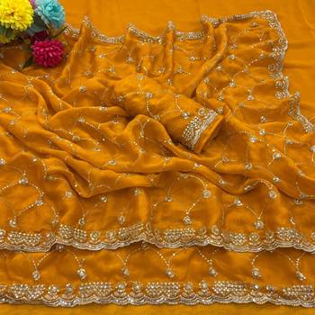 Mustard silk blend sequins work embroidered saree 3