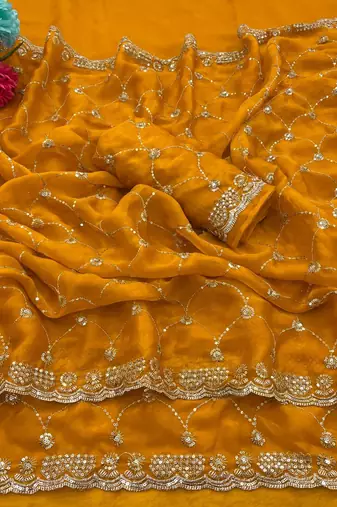 Mustard silk blend sequins work embroidered saree