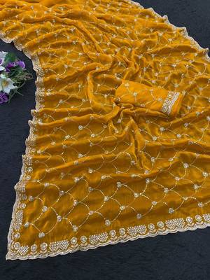 Mustard silk blend sequins work embroidered saree 4