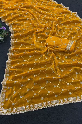 Mustard silk blend sequins work embroidered saree