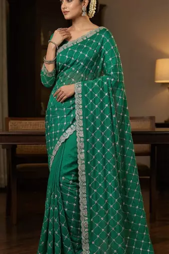 Green silk blend sequins work embroidered saree