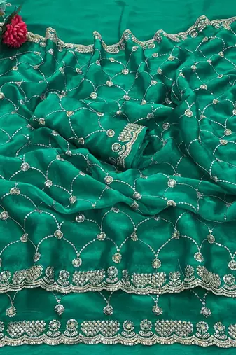 Green silk blend sequins work embroidered saree