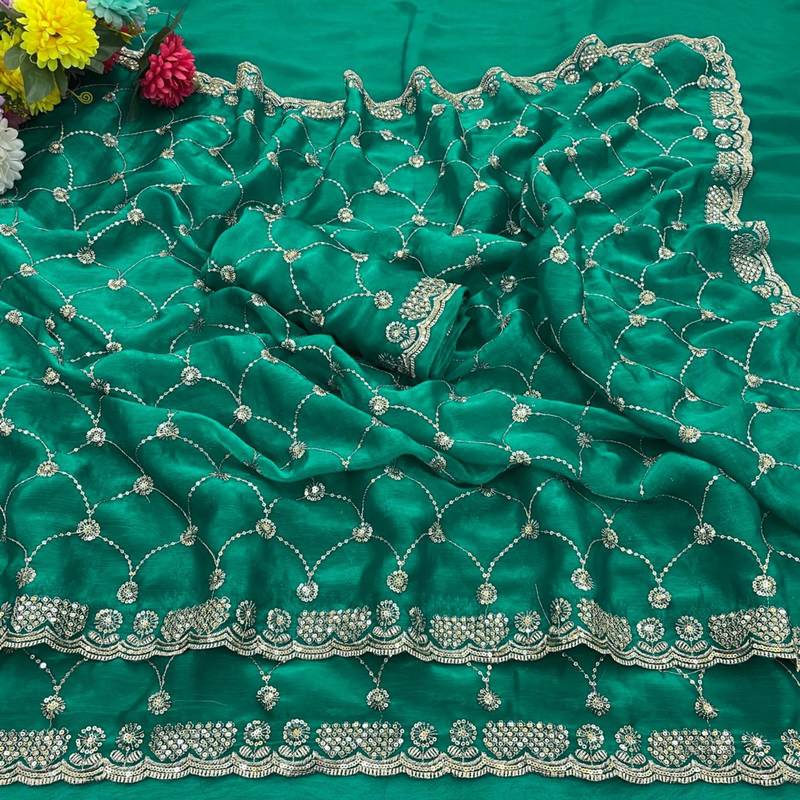Green silk blend sequins work embroidered saree