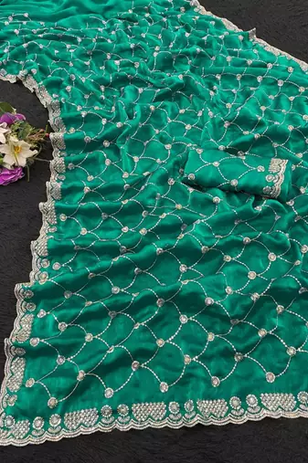 Green silk blend sequins work embroidered saree