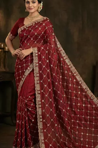 Maroon silk blend sequins work embroidered saree