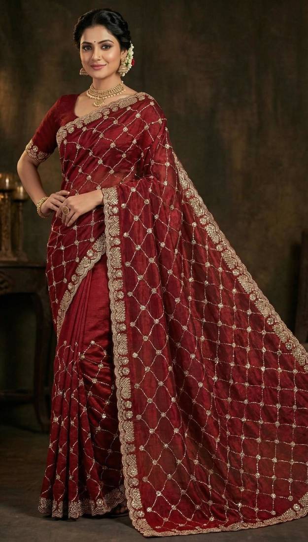 Maroon silk blend sequins work embroidered saree