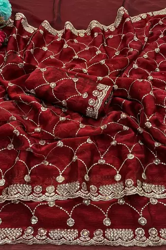 Maroon silk blend sequins work embroidered saree