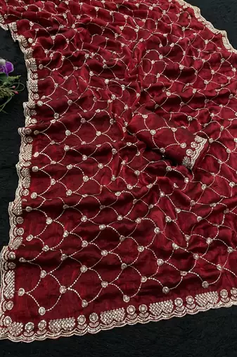 Maroon silk blend sequins work embroidered saree