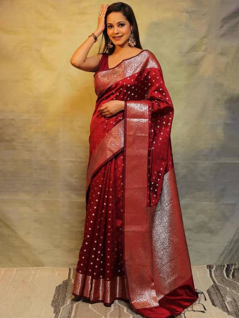 Blood red silk blend zari woven woven saree