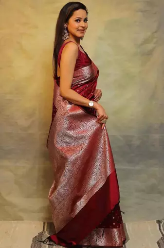 Blood red silk blend zari woven woven saree