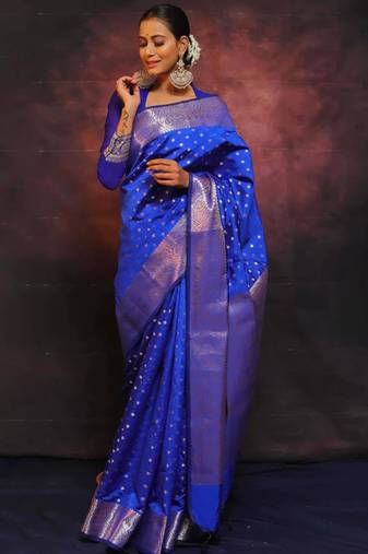 Royal blue silk blend zari woven woven saree