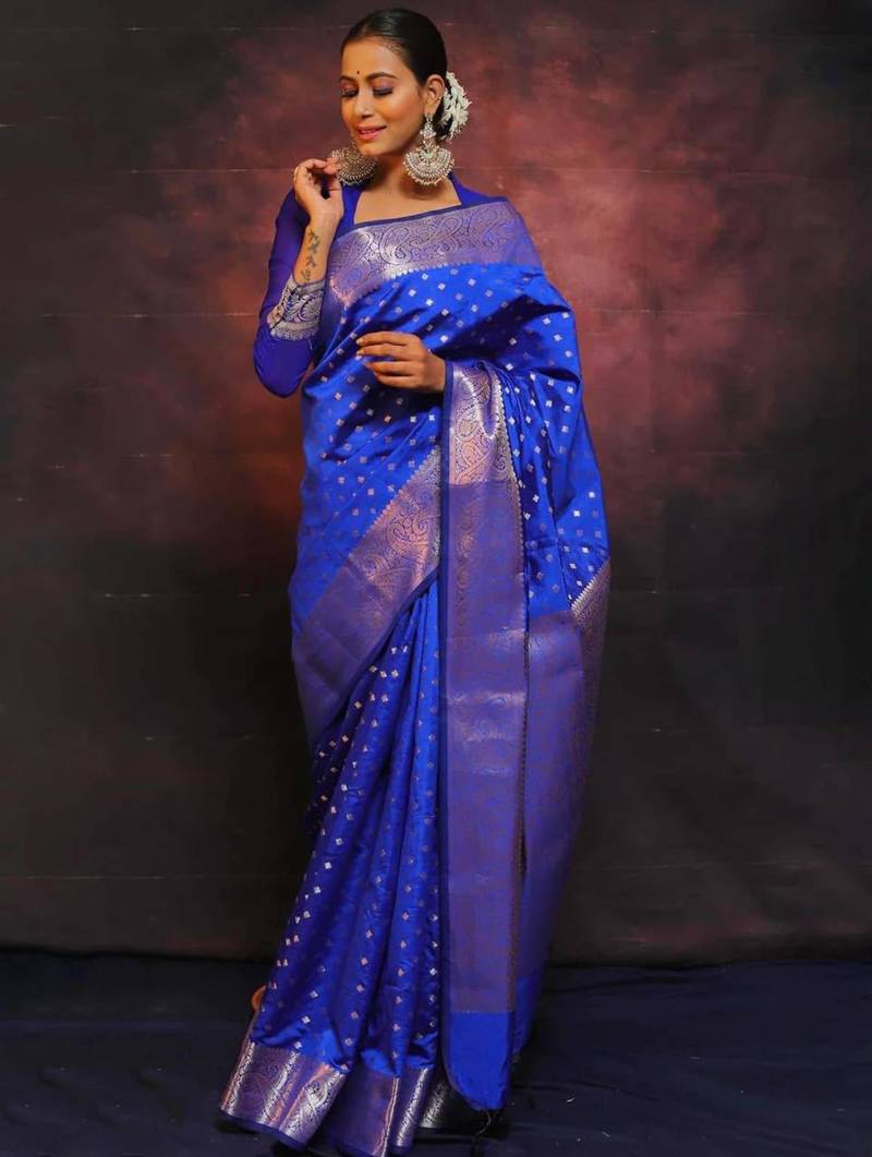 Royal blue silk blend zari woven woven saree