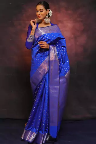 Royal blue silk blend zari woven woven saree
