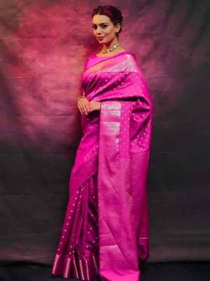 Rani pink silk blend zari woven woven saree 1