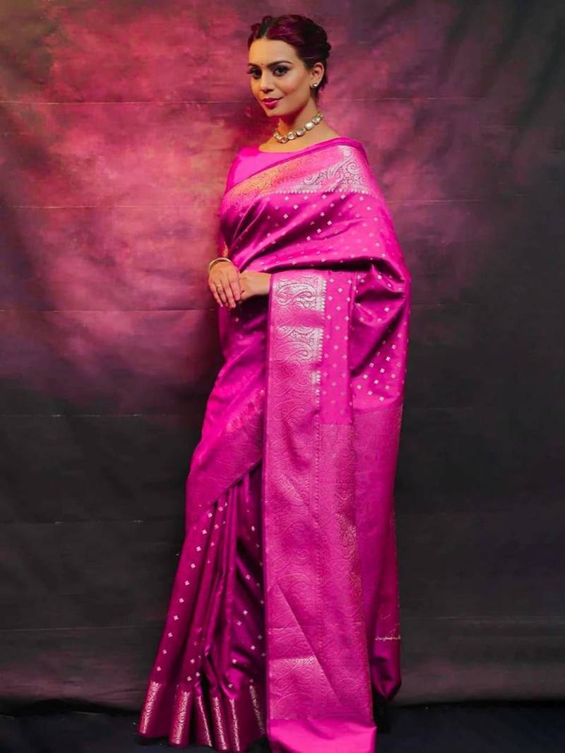 Rani pink silk blend zari woven woven saree
