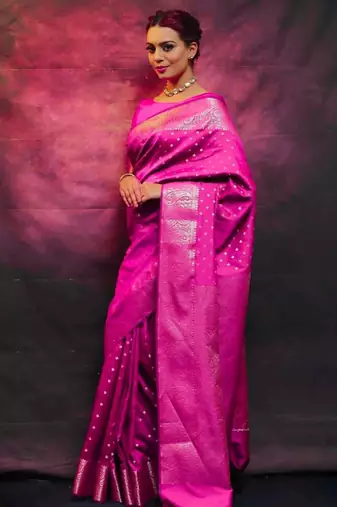 Rani pink silk blend zari woven woven saree