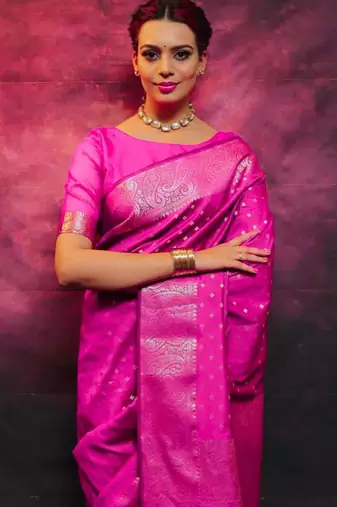 Rani pink silk blend zari woven woven saree