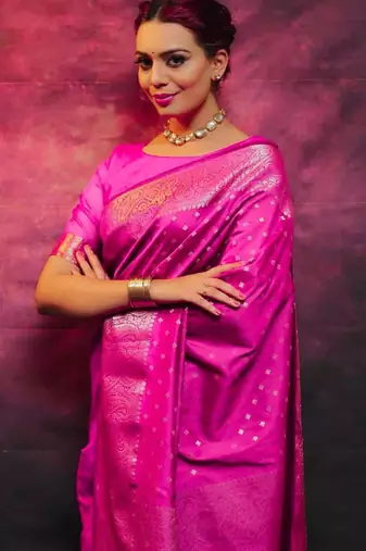 Rani pink silk blend zari woven woven saree