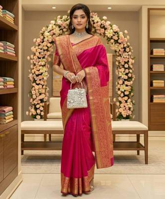 Rani pink silk blend zari woven woven saree 1