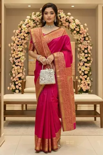 Rani pink silk blend zari woven woven saree