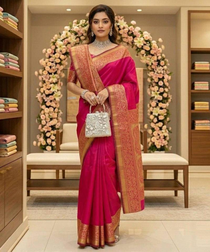 Rani pink silk blend zari woven woven saree
