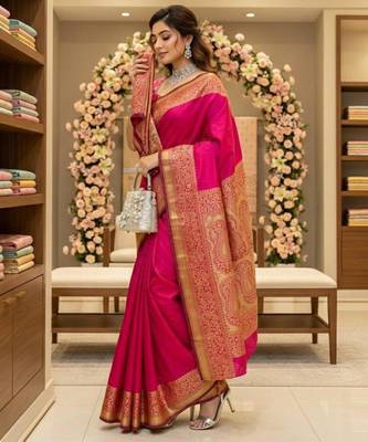 Rani pink silk blend zari woven woven saree 2