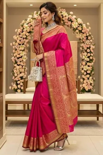 Rani pink silk blend zari woven woven saree