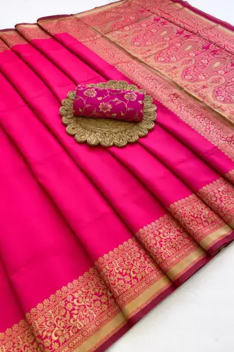 Rani pink silk blend zari woven woven saree