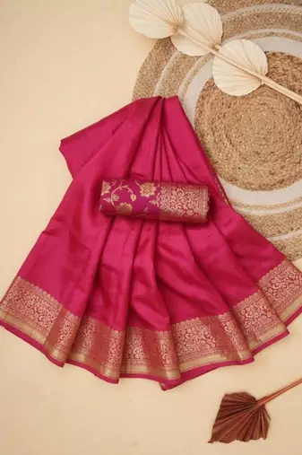 Rani pink silk blend zari woven woven saree