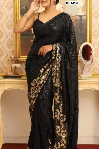 Black georgette sequins work embroidered saree