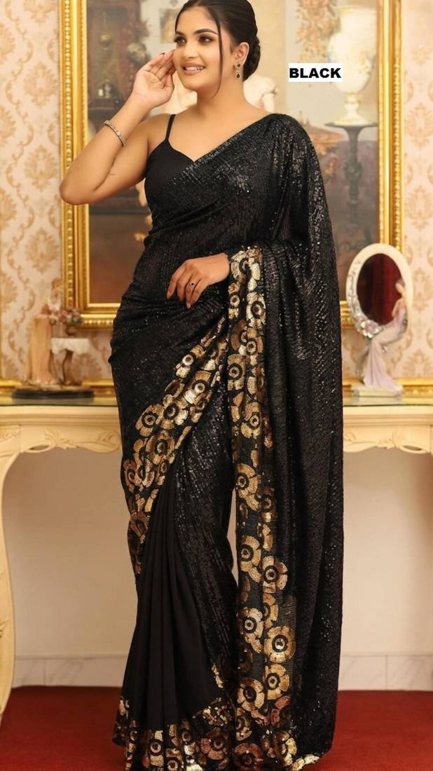 Black georgette sequins work embroidered saree