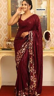 Maroon georgette sequins work embroidered saree 1