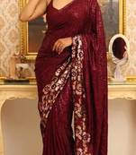 Maroon georgette sequins work embroidered saree