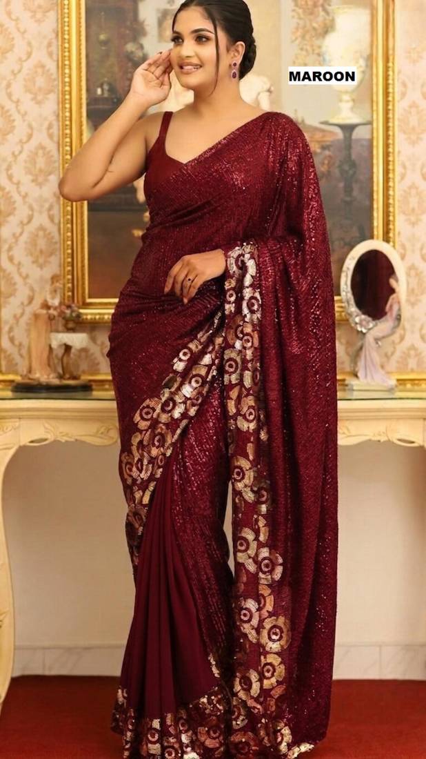 Maroon georgette sequins work embroidered saree