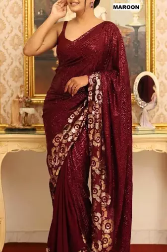Maroon georgette sequins work embroidered saree