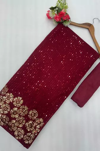 Maroon georgette sequins work embroidered saree