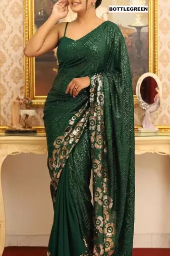 Green georgette sequins work embroidered saree