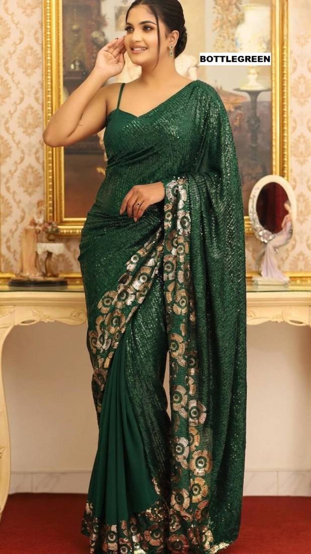 Green georgette sequins work embroidered saree