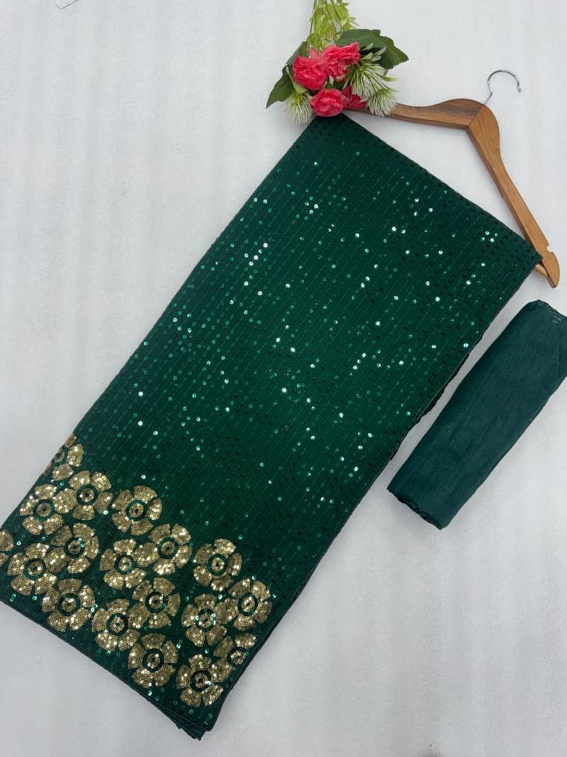 Green georgette sequins work embroidered saree