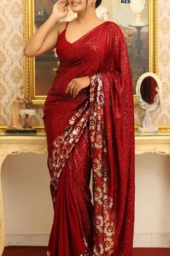 Red georgette sequins work embroidered saree