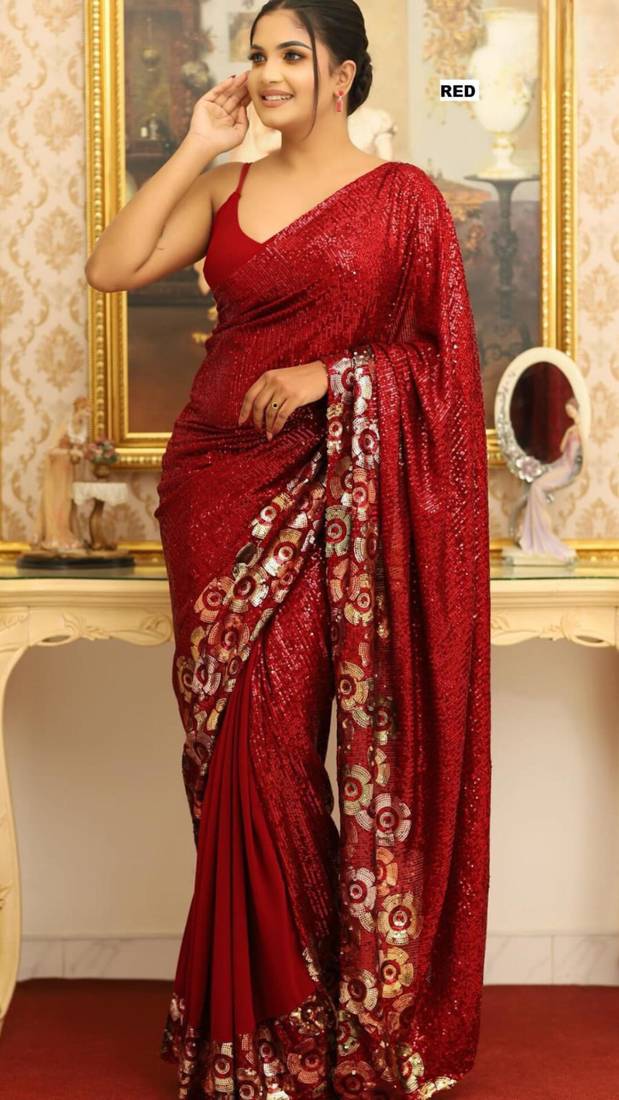 Red georgette sequins work embroidered saree