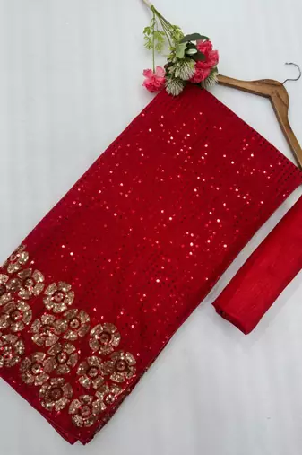 Red georgette sequins work embroidered saree