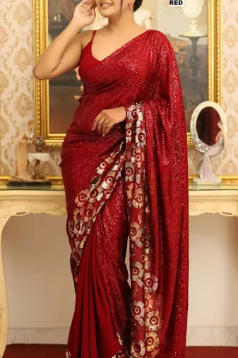 Red georgette sequins work embroidered saree